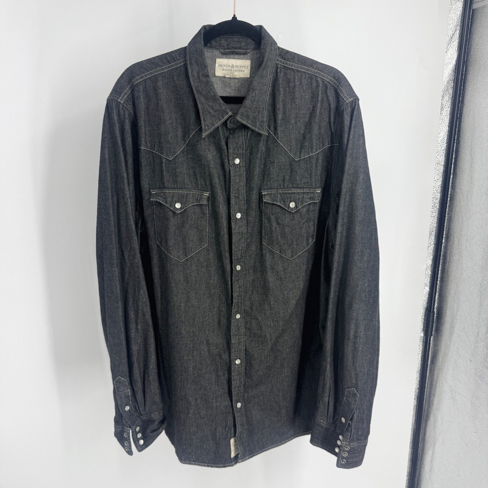 Denim & Supply Ralph Lauren Mens XXL Western Shirt Dark Wash Pearl Snap Cotton